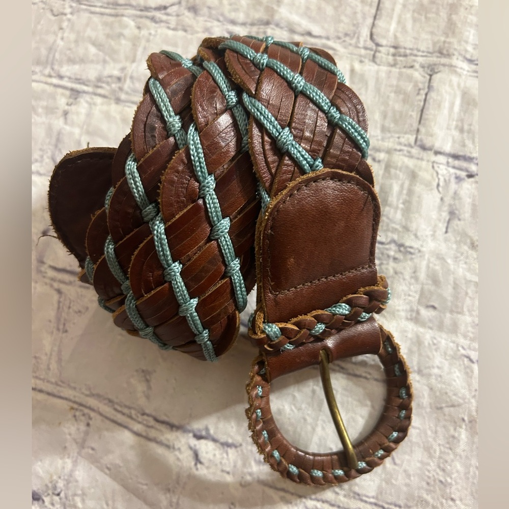 HOLLISTER 100% GENUINE LEATHER BROWN & BLUE WOVEN BRAIDED COVER BUCKLE BELT M/L